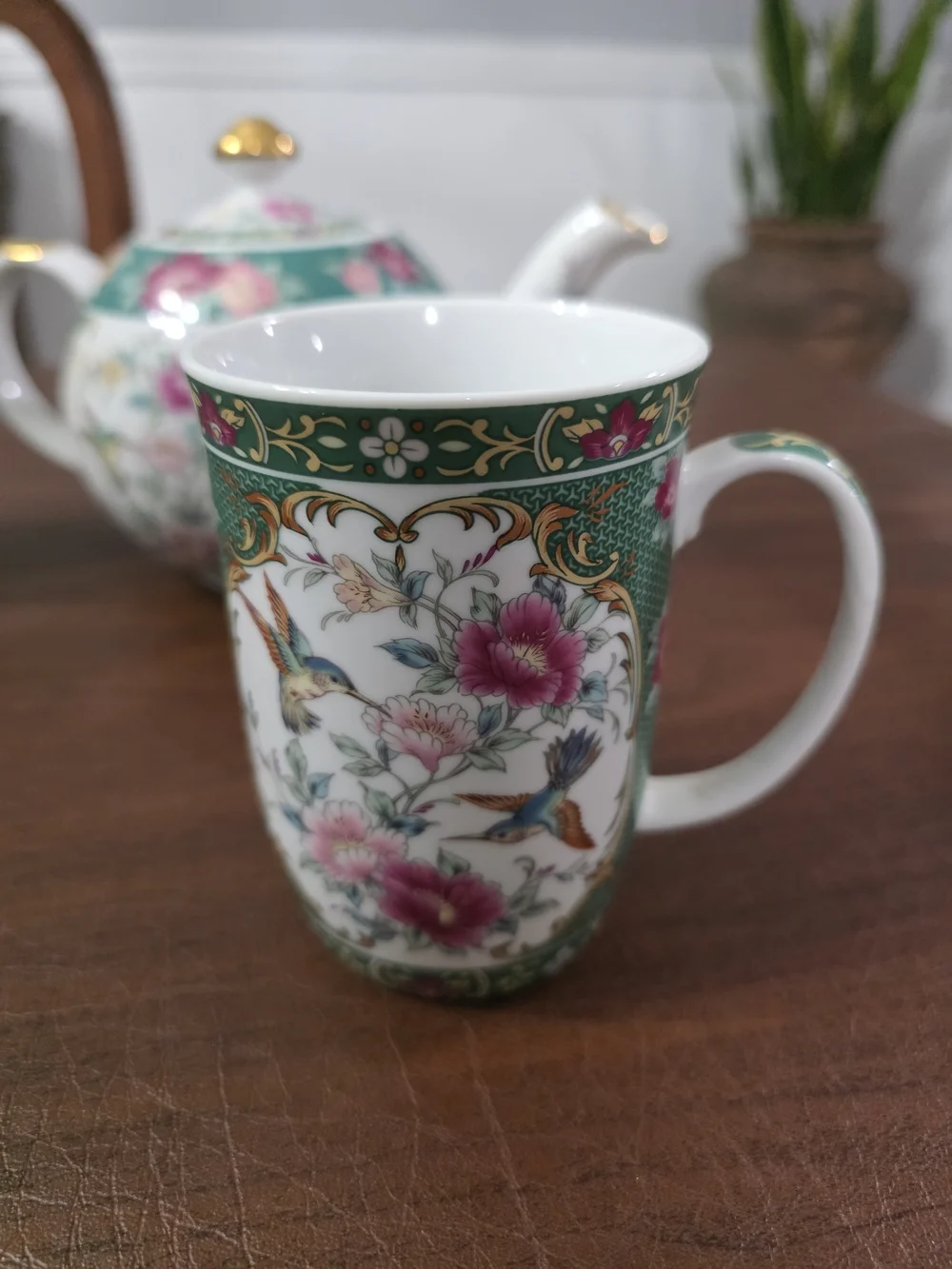 Vintage Otagiri-Style Porcelain Teapot with Two Hummingbird Cups